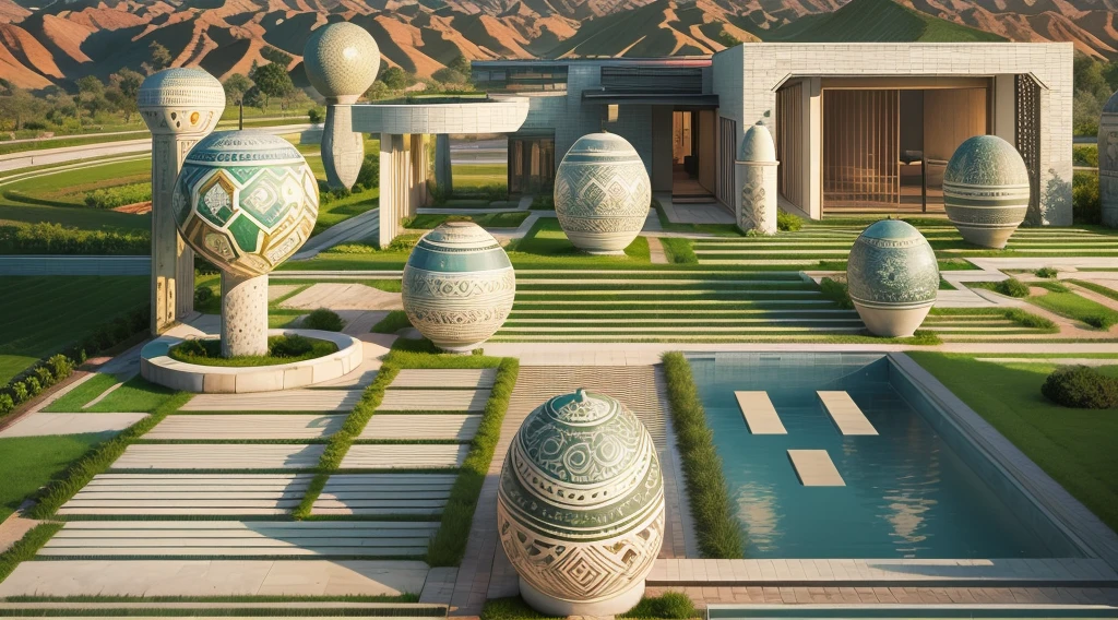 tribal style,afofuturism,Postmodern,Villas,the sunset,tribal sculpture、an outside garden, mosaic stone road,
