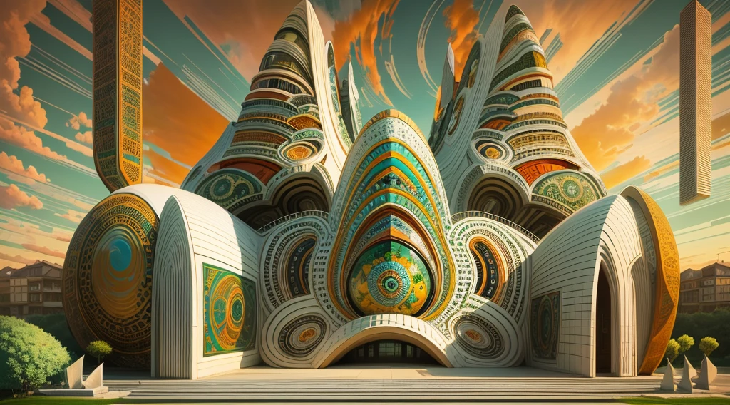 tribal style,afofuturism,Postmodern,Villas,the sunset,tribal sculpture、an outside garden, mosaic stone road,