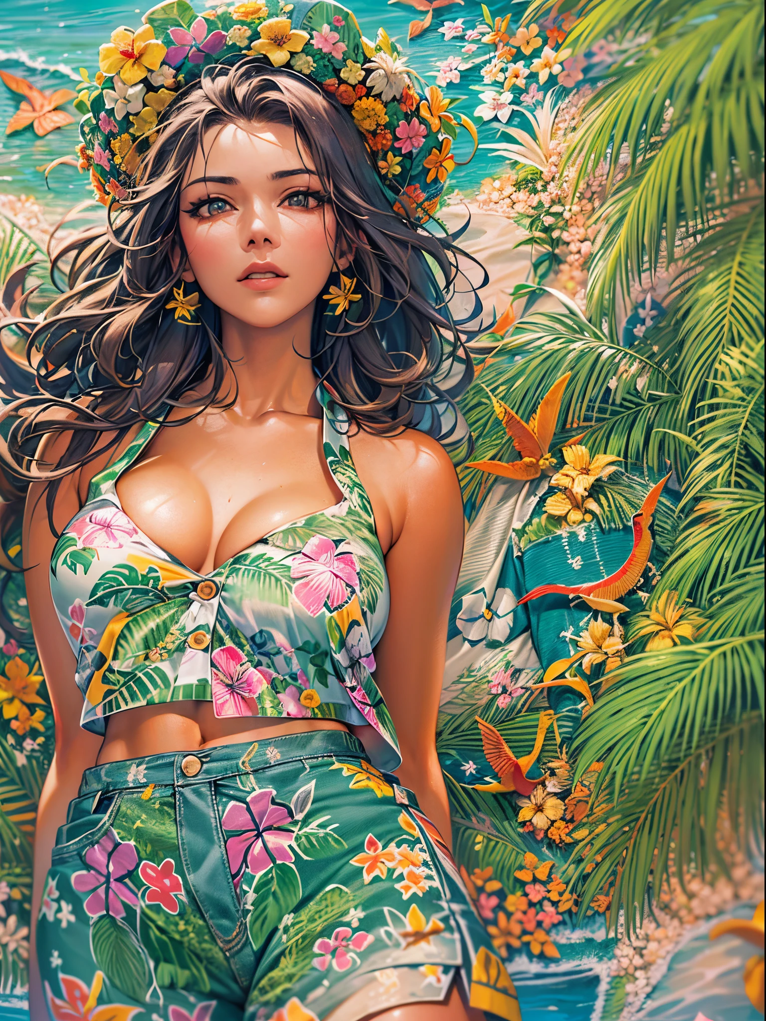 (Finest quality)),(超A high resolution),(ultra-detailliert),(Meticulous portrayal),((best pictures)),(Finest works of art),Ultra-Precision Art,The art of astounding depiction, Fantasyart:1.5, (1womanl:1.7),Beautiful and well-groomed face:1.5,(nudde:1.5),(crop top aloha shirt:1.6), blue-sky:1.8,suns:1.5,A beach where the wind blows through:1.5