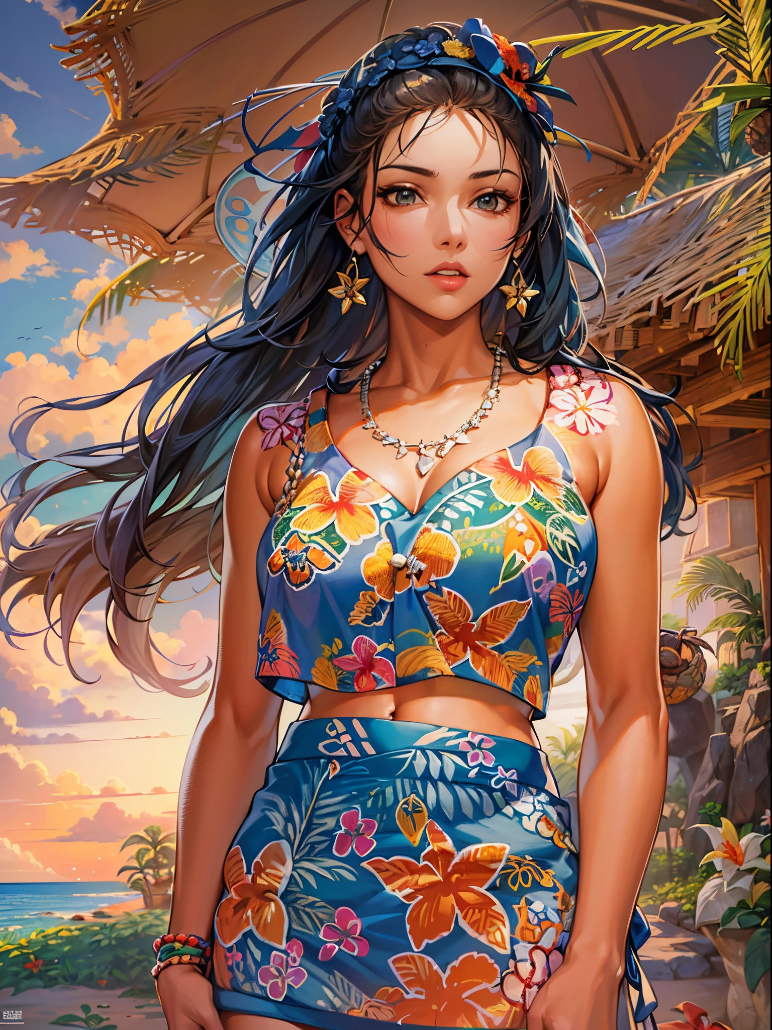 (Finest quality)),(超A high resolution),(ultra-detailliert),(Meticulous portrayal),((best pictures)),(Finest works of art),Ultra-Precision Art,The art of astounding depiction, Fantasyart:1.5, (1womanl:1.7),Beautiful and well-groomed face:1.5,(nudde:1.5),(crop top aloha shirt:1.6), blue-sky:1.8,suns:1.5,A beach where the wind blows through:1.5