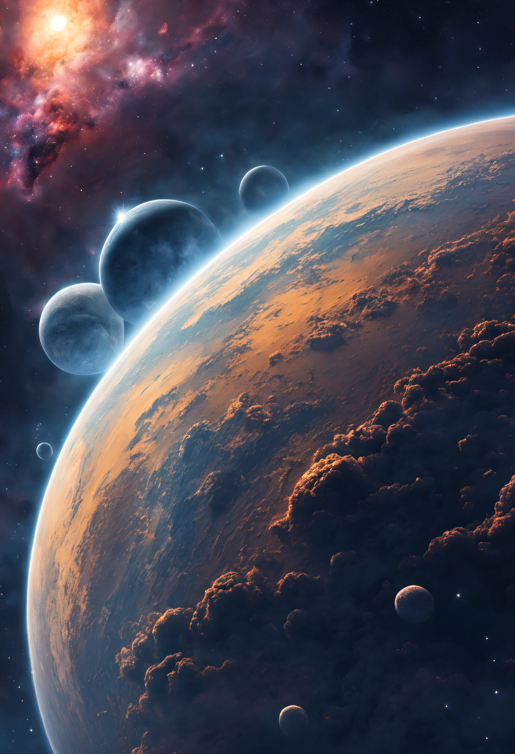 An impressive and beautiful, detailed, textured magnificent galaxy with dreaming clouds of stardust and a textured planet a little further away