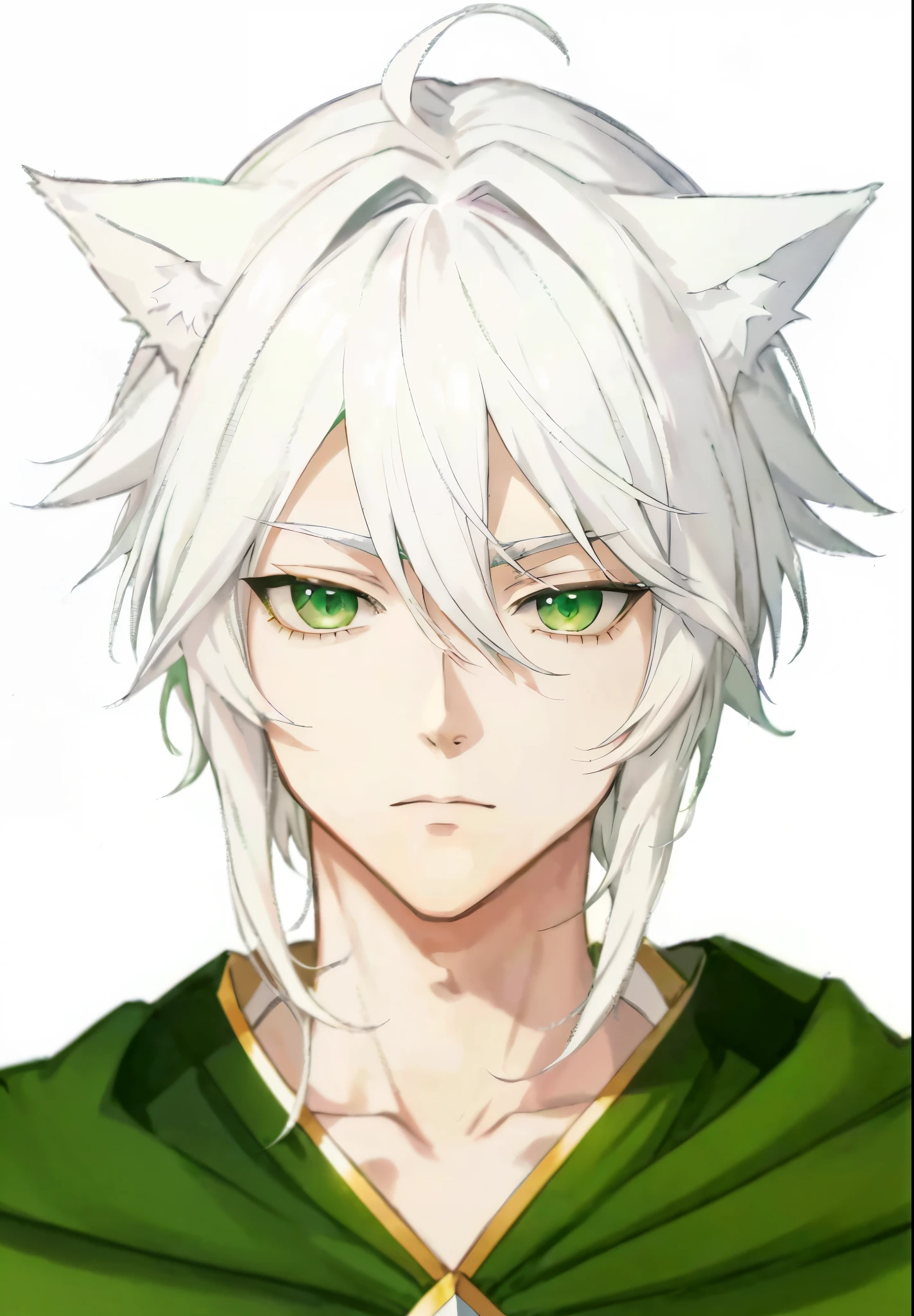 anime character with white hair and green eyes wearing a green cape, white - haired fox, white haired, white fox anime, male anime character, hajime yatate, white-haired, nagito komaeda, neferpitou, seinen manga portrait, anime character, white haired deity, anime portrait of a handsome man, anime character portrait