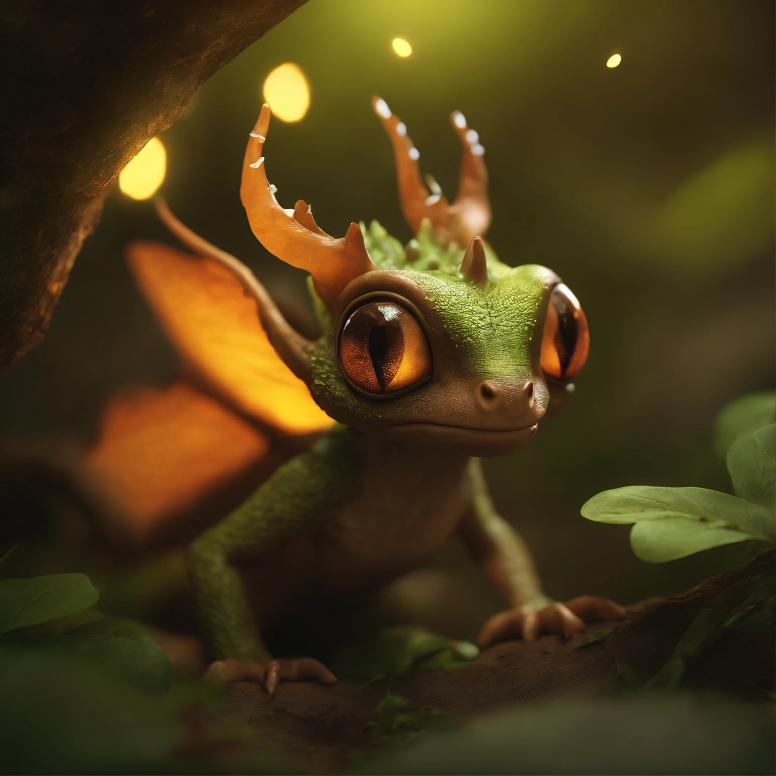 In the cave，Small male goblins, likeness of a dragon, leathery wings, antlers...close-up of cute little fireflies, illuminating the bush, detailed picture, cgsociety, detailed painting, artstation hd, higly detailed, cgsociety, photo realism, ConceptArt, artstation hd, official arts, bokeh