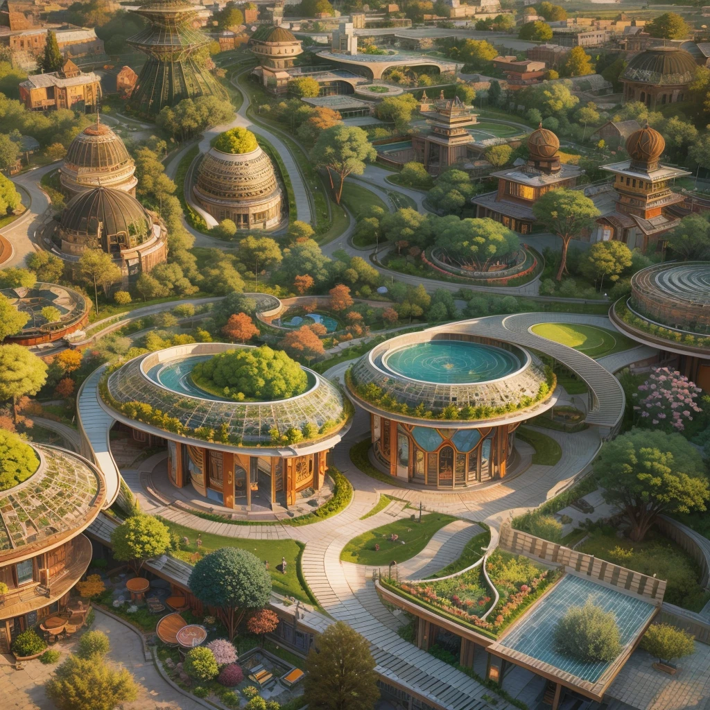 tribal style,afofuturism,Postmodern,Villas,the sunset,tribal sculpture、an outside garden, mosaic stone road,