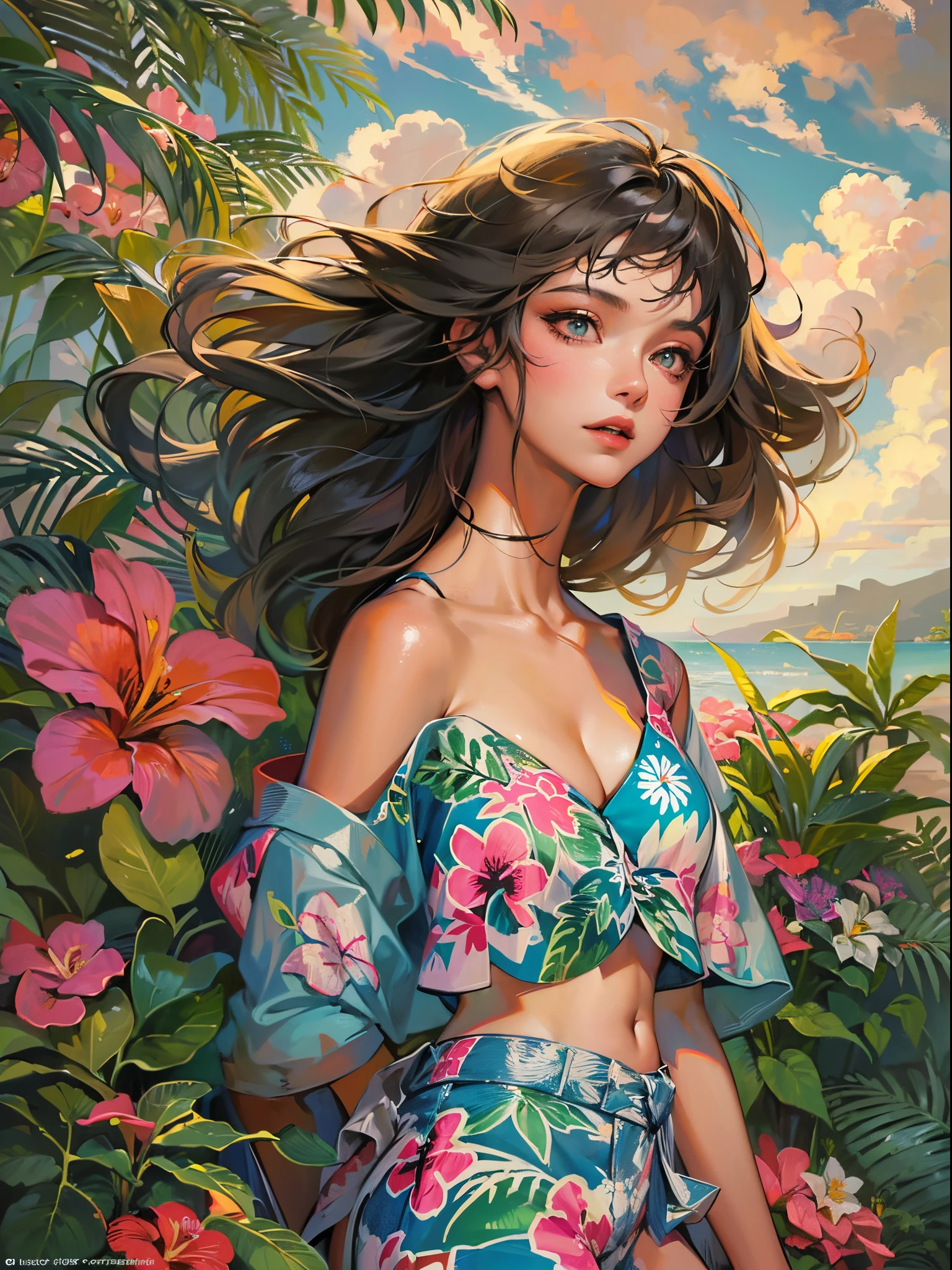 (Finest quality)),(超A high resolution),(ultra-detailliert),(Meticulous portrayal),((best pictures)),(Finest works of art),Ultra-Precision Art,The art of astounding depiction, Fantasyart:1.5, (1womanl:1.7),Beautiful and well-groomed face:1.5,(nudde:1.5),(crop top aloha shirt:1.6), blue-sky:1.8,suns:1.5,A beach where the wind blows through:1.5