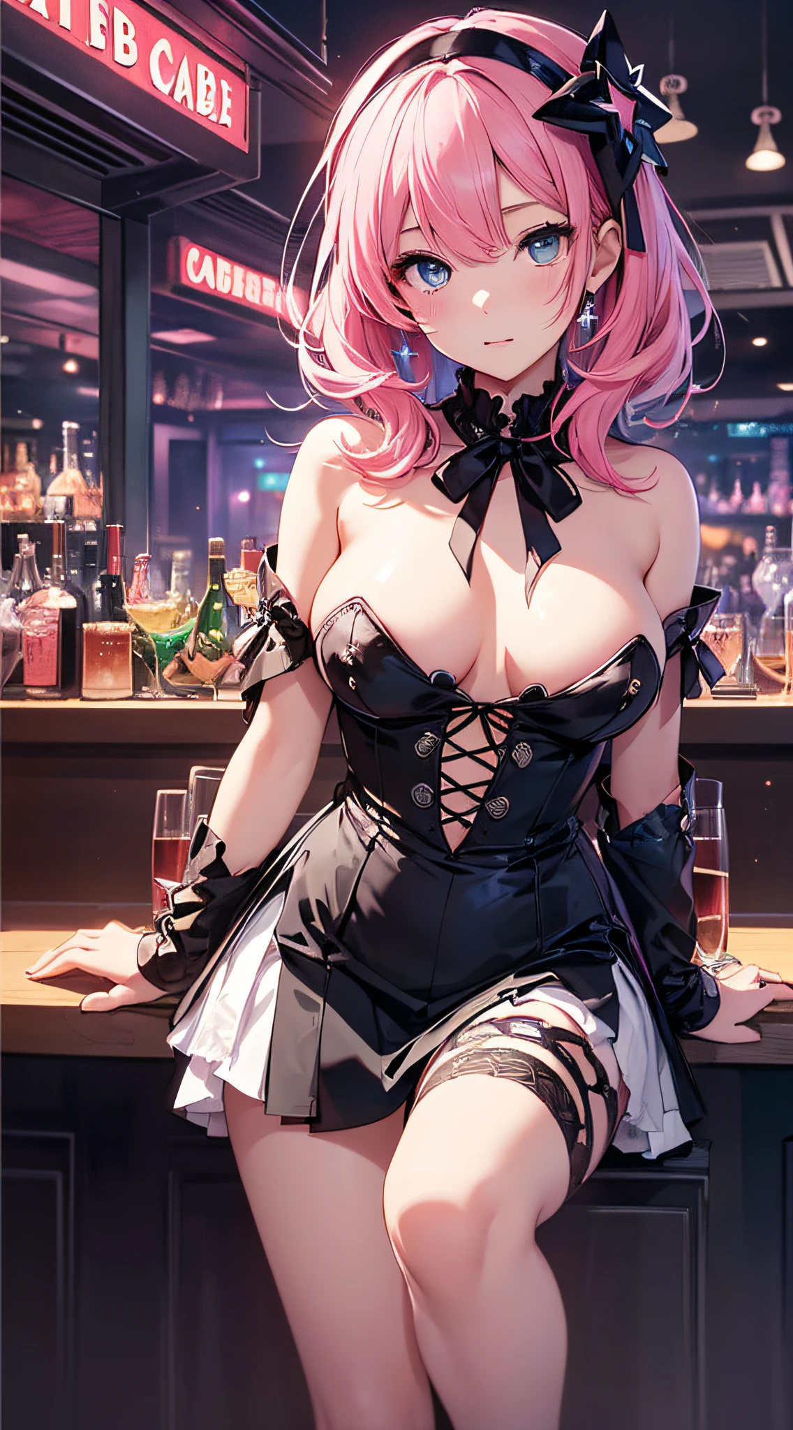 top-quality、Top image quality、​masterpiece、girl with((sixteen years old、teen ager、cute little、Best Bust、big bast,Beautiful blue eyes、Breasts wide open, Pink hair、Longhaire、A slender,Large valleys、Black short skirt、Star-shaped nipple stickers are affixed to the chest.、Upper body naked、Seduction poses)),hiquality、Beautiful Art、Background with((Neon Bar、cabaret club、VIP seats)))、,masutepiece、depth of fields,Cinematic style