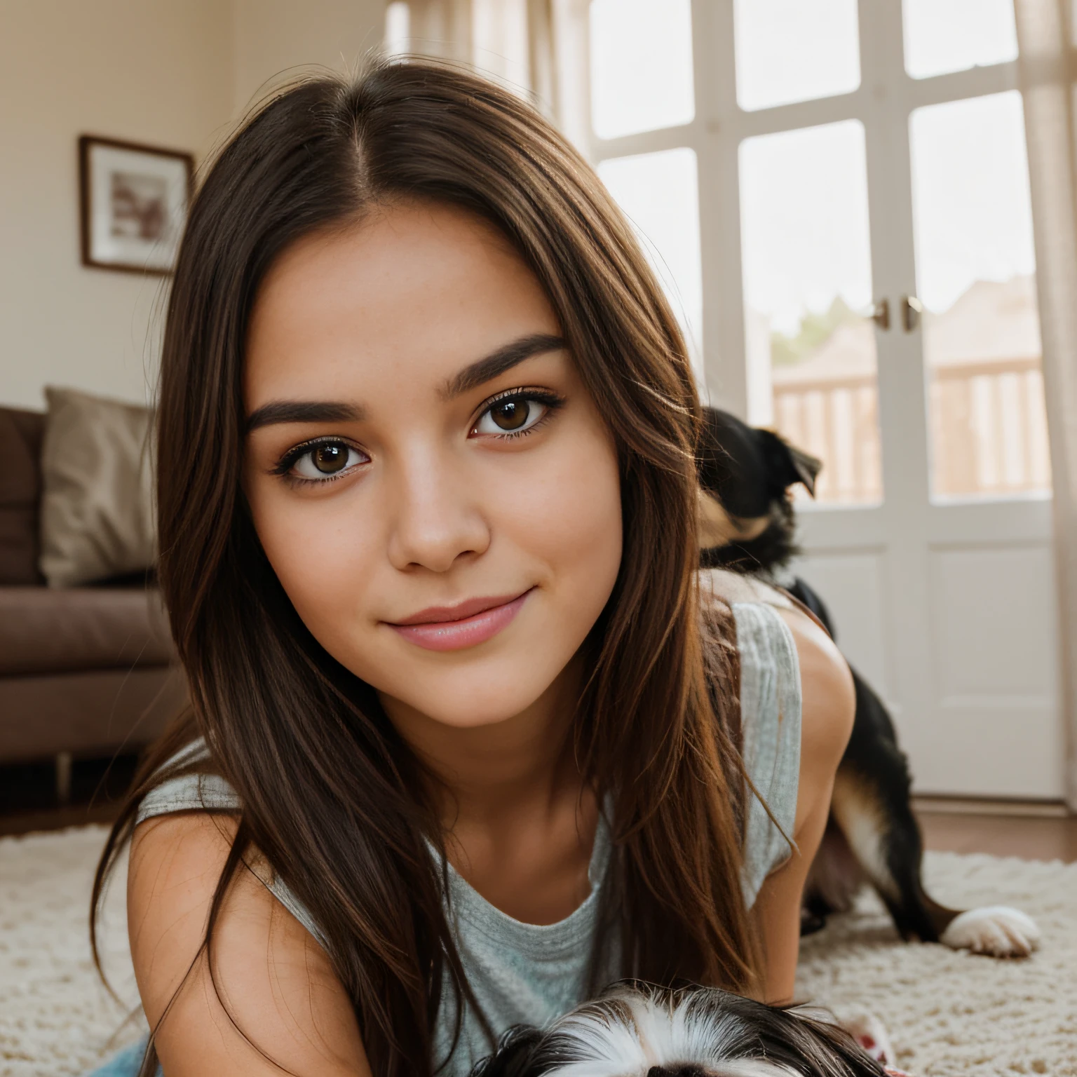 Photograph of a beautiful girl in her home playing with dog, shih tzu dog, happy, fun, goofy, zoomed out shot, long brown hair, symmetrical face, photorealistic, photography, Phone camera, natural lighting, High resolution, Extremely detailed, realistic lighting, natural light, visage naturel, Influencer, Low fidelity, imperfect, textured dog hair