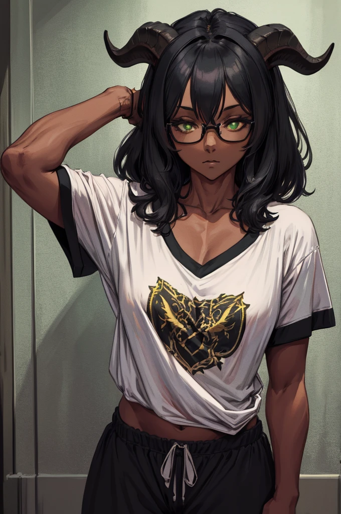 (Masterpiece) (High Detail) (High Res) (Black Skin) Looking from above A young black humanoid FutEred with dark skin and ebony flesh and green eyes and short black hair and goat ears and short dark goat horns and a toned teen body and small to average breasts dressed like a nerd wearing a loose t-shirt and sweatpants and glasses