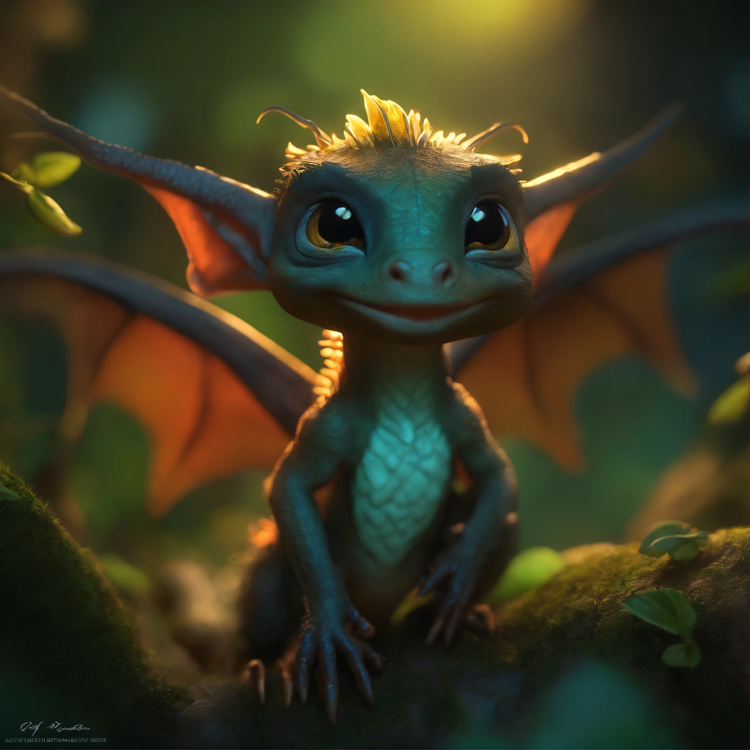 In the cave,Small male goblins, likeness of a dragon, leathery wings, antlers...close-up of cute little fireflies, illuminating the bush, detailed picture, cgsociety, detailed painting, artstation hd, higly detailed, cgsociety, photo realism, ConceptArt, artstation hd, official arts, bokeh
