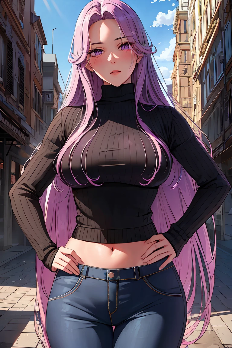 (shoujo-style), ((detailed hair, detailed eyelashes, bangs)),
manhwa-scenery, 1girl, black sweater, blue sky, blush, breasts, cloud, contrapposto, cowboy shot, crop top, day, fingernails, forehead,  hand on own hip, large breasts, long hair, long sleeves, looking at viewer, midriff, navel, outdoors, pants, purple eyes, purple hair, ribbed sweater, sky, solo, sweater, turtleneck sweater, very long hair, medusa fate, ((perfect face)), (Mature Face:1.4), (beautiful face:1.15), detailed eyes, very deep eyes, messy hair, detailed finger, 
(masterpiece), (highest quality), best quality, highres, 8K, extremely detailed, Digital Art, (Hyper-Detailed Background:1.2), (realistic background),  (intricate details), award-winning, hyper-detailed, (illustration:1.1), 
(cinematic lighting), soft lighting,