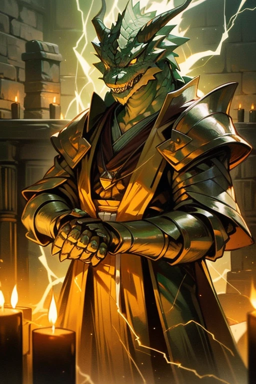 beautifull green dragonborn, solo, green eyes, male, standing, male focus, striaght black horns, teeth, indoors, green and gold robes, lightning in background, glowing, sharp teeth, gauntlets, shoulder armor, green amulet, candle , ((masterpiece, best quality)), muscle