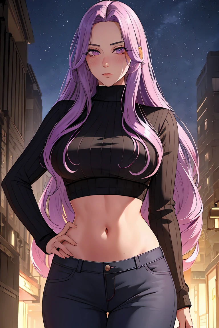 (shoujo-style), ((detailed hair, detailed eyelashes, bangs)),
manhwa-scenery, 1girl, black sweater, blue sky, blush, breasts, cloud, contrapposto, cowboy shot, crop top, day, fingernails, forehead,  hand on own hip, large breasts, long hair, long sleeves, looking at viewer, midriff, navel, outdoors, pants, purple eyes, purple hair, ribbed sweater, sky, solo, sweater, turtleneck sweater, very long hair, medusa fate, ((perfect face)), (Mature Face:1.4), (beautiful face:1.15), detailed eyes, very deep eyes, messy hair, detailed finger, 
(masterpiece), (highest quality), best quality, highres, 8K, extremely detailed, Digital Art, (Hyper-Detailed Background:1.2), (realistic background),  (intricate details), award-winning, hyper-detailed, (illustration:1.1), 
(cinematic lighting), soft lighting,