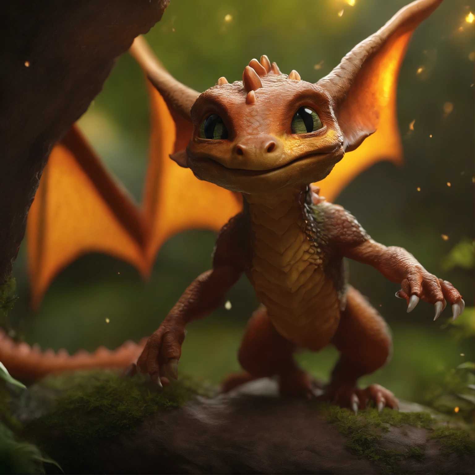 真实感, Reality, In the cave，Small male goblins, likeness of a dragon, leathery wings, Antlers...close-up of cute little fireflies, illuminate the bush, detailed picture, cgsociety, Detailed painting, artstation hd, higly detailed, cgsociety, photo realism, ConceptArt, artstation hd, official arts, bokeh,  static movement dragon shoots fire, static motion in slow motion dragon shoots fire,