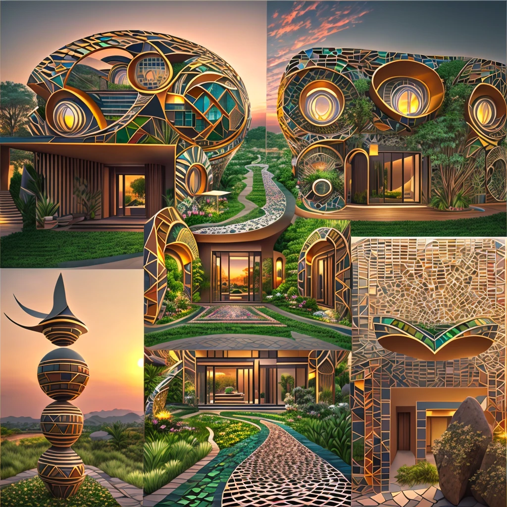 tribal style，afofuturism，Postmodern，Villas，the sunset,tribal sculpture、an outside garden, mosaic stone road,