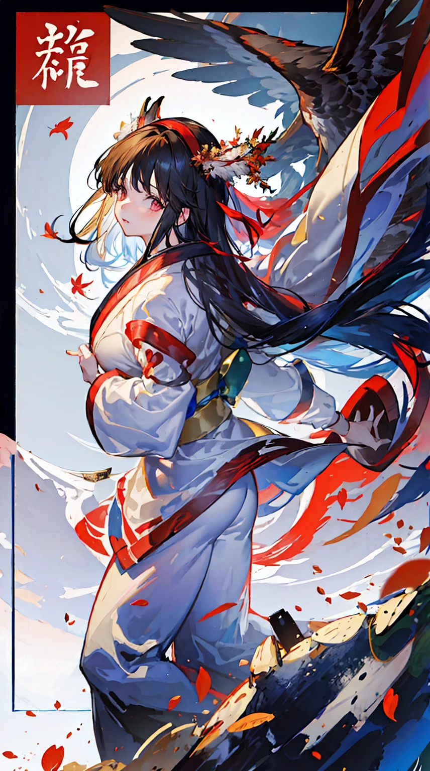 girl with,women's pictures, Attach a large red ribbon to the back of the head,with a big eagle、a beautiful painting、High quality,Best Quality, in 8K、Kimono, Wear pants,In the wilderness,Colored leaves