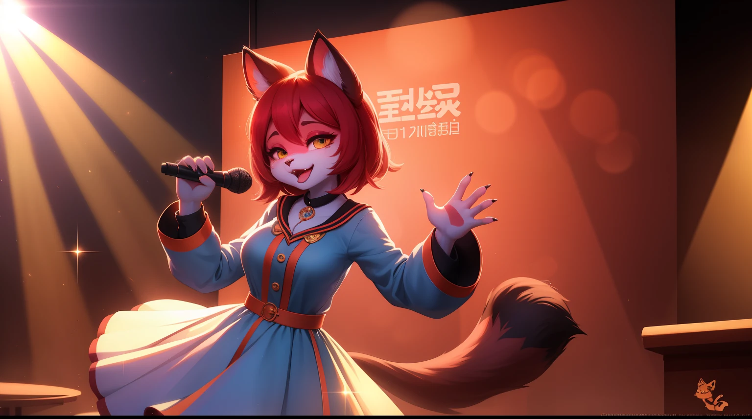 Miss Cat Mao Casual Wear. Anthropomorphic cat lady singing . Her vibrant face looks beautiful against the backdrop of light and shadow.、KTV fine lighting effects 、ultra detailed fur、Volumetric light is very detailed,Finest quality furry art