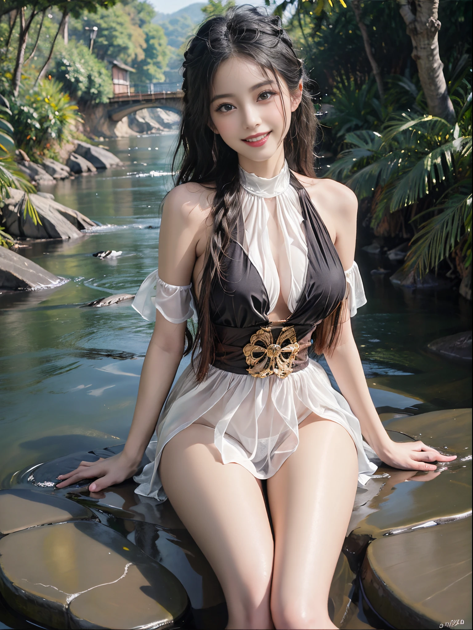(knee shot),Pretty girl, young female model, Sweet maiden, Elegant mature clothing5, rios, Rochas, in river, is sitting on a rock, Play in the river, tmasterpiece, best qualtiy, Extremely detailed description, Ultra-fine painting, delicated face, slim toned body,grin, Hefty Smile
