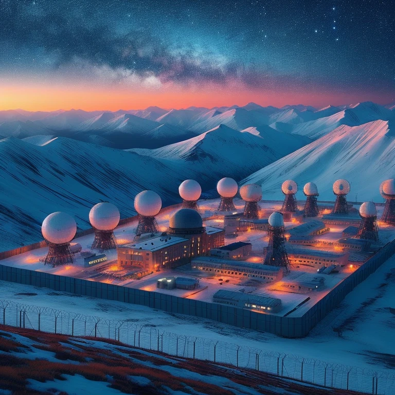 mountain plateau, Clear starry sky, sunset, Radio locator dishes are located throughout the plateau, in the amount of 120, in the middle of the plateau, observation station building, military guard barracks, at the foot of the mountain range there are hangars and a cosmodrome for transport and smoking space fighters, the entire territory is a space observation station and a cosmodrome, surrounded by a high fence made of metal mesh and barbed wire, on both sides of the plateau there is a tunnel for railway monorails, in the southern part of the plateau in the middle there is a station for monorail railways, Car parking near the station, small village of two-story residential buildings, from the parking lot there is a road leading to the space observation station building. , Realism | beeple, Artem Demura Beeple, 3 d render beeple