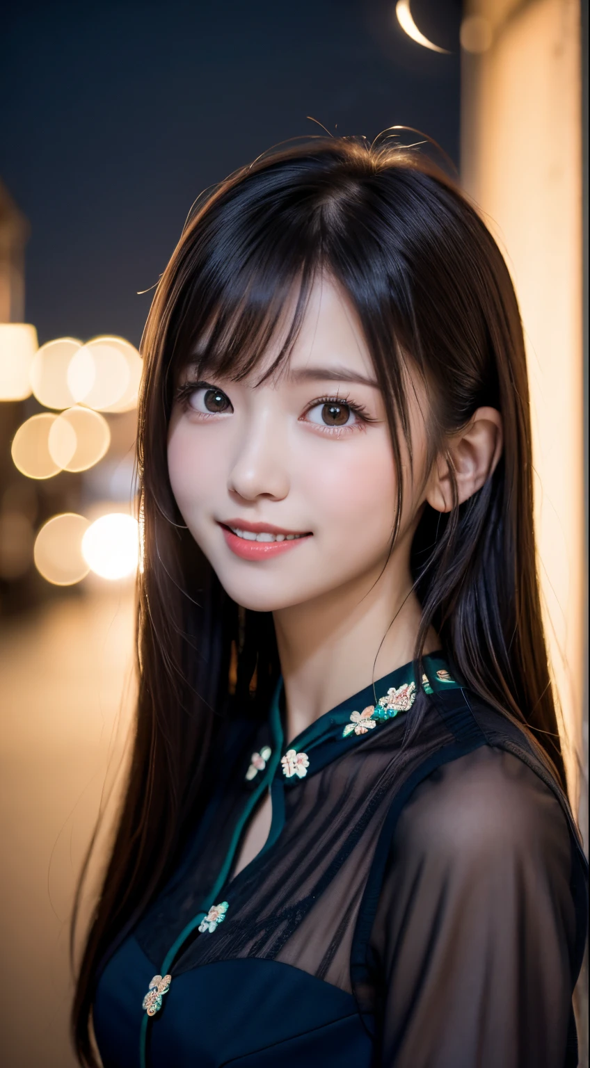 masutepiece, Best Quality, 8K, , Raw photo, absurderes, award winning portrait, Smile, Solo, (Night:1.8), Idol face, violaceaess, Delicate girl, Upper body, Digital SLR, Looking at Viewer, Candid, Sophisticated,Thin arms, Professional Lighting, Film grain, chromatic abberation, (Eyes and faces with detailed:1.0), (Bokeh:1.1) , (qipao dress:1.0) , closes mouth