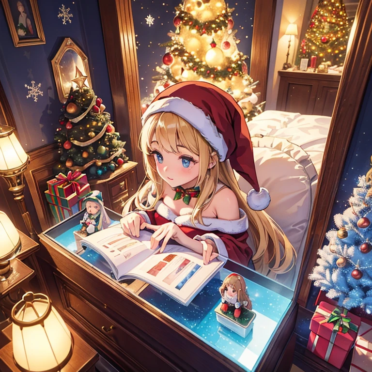 Watercolor, Beautiful hands, Beautiful eyes, Beautiful image, Absurd, High resolution, Super detailed, (Girls: 1.2), Christmas, Winter, night, particles of light, (dollhouse: 1.3), (second floor dollhouse: 1.1), (Christmas tree: 1.2), (home Santa Claus: 1.2),