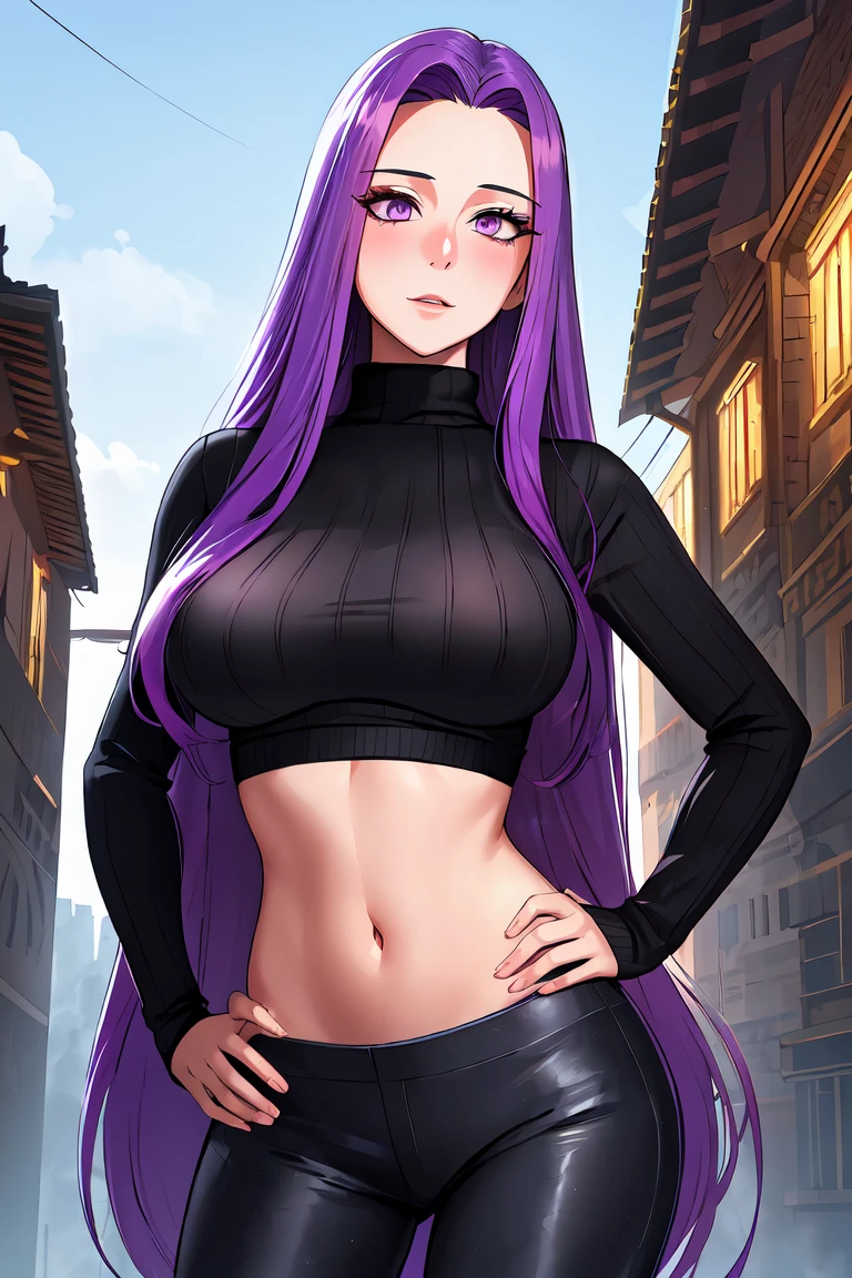 (fantasy-style), ((detailed hair, detailed eyelashes, bangs)),
manhwa-scenery, 1girl, black sweater, blue sky, blush, breasts, cloud, contrapposto, cowboy shot, crop top, day, fingernails, forehead,  hand on own hip, large breasts, long hair, long sleeves, looking at viewer, midriff, navel, outdoors, pants, purple eyes, purple hair, ribbed sweater, sky, solo, sweater, turtleneck sweater, very long hair, medusa fate, ((perfect face)), (Mature Face:1.4), (beautiful face:1.15), detailed eyes, very deep eyes, messy hair, detailed finger, 
(masterpiece), (highest quality), best quality, highres, 8K, extremely detailed, Digital Art, (Hyper-Detailed Background:1.2), (realistic background),  (intricate details), award-winning, hyper-detailed, (illustration:1.1), 
(cinematic lighting), soft lighting,