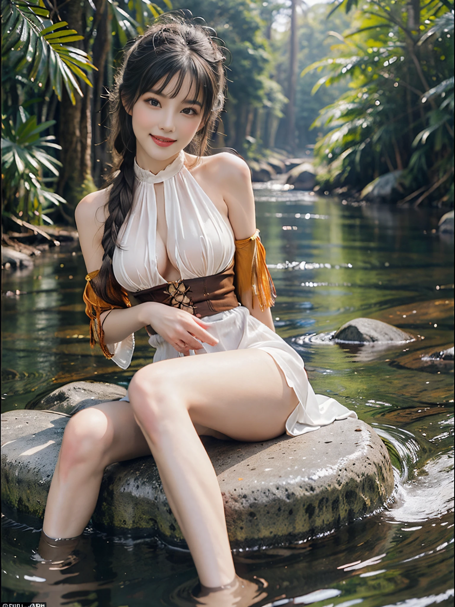 (knee shot),Pretty girl, young female model, Sweet maiden, Elegant mature clothing5, rios, Rochas, in river, is sitting on a rock, Play in the river, tmasterpiece, best qualtiy, Extremely detailed description, Ultra-fine painting, delicated face, slim toned body,grin, Hefty Smile