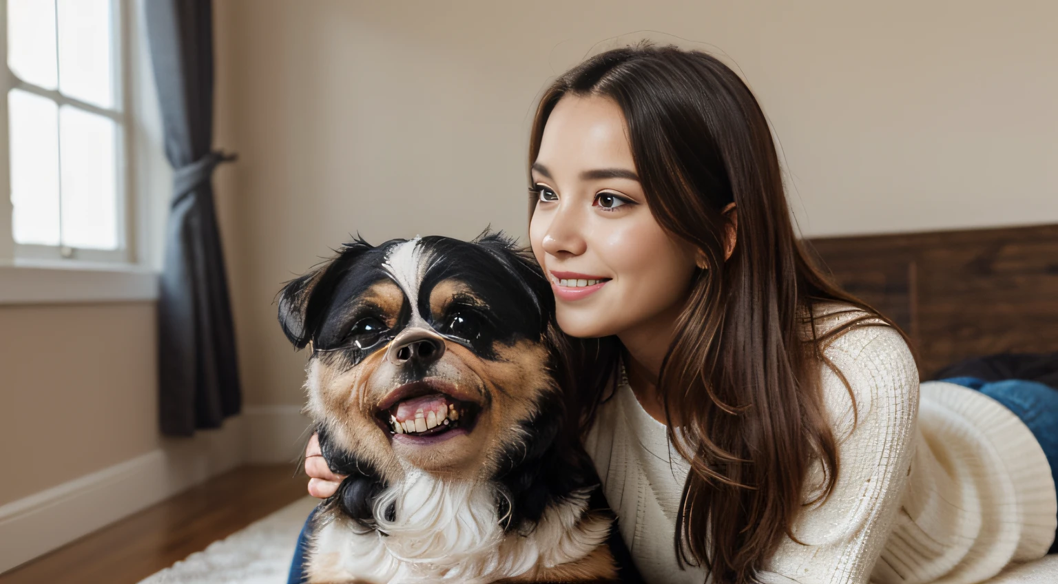 Photograph of a beautiful girl in her home playing with dog, shih tzu dog, happy, fun, goofy, zoomed out shot, long brown hair, symmetrical face, photorealistic, photography, Phone camera, natural lighting, High resolution, Extremely detailed, realistic lighting, natural light, visage nature, Influencer, Low fidelity, imperfect, textured dog hair