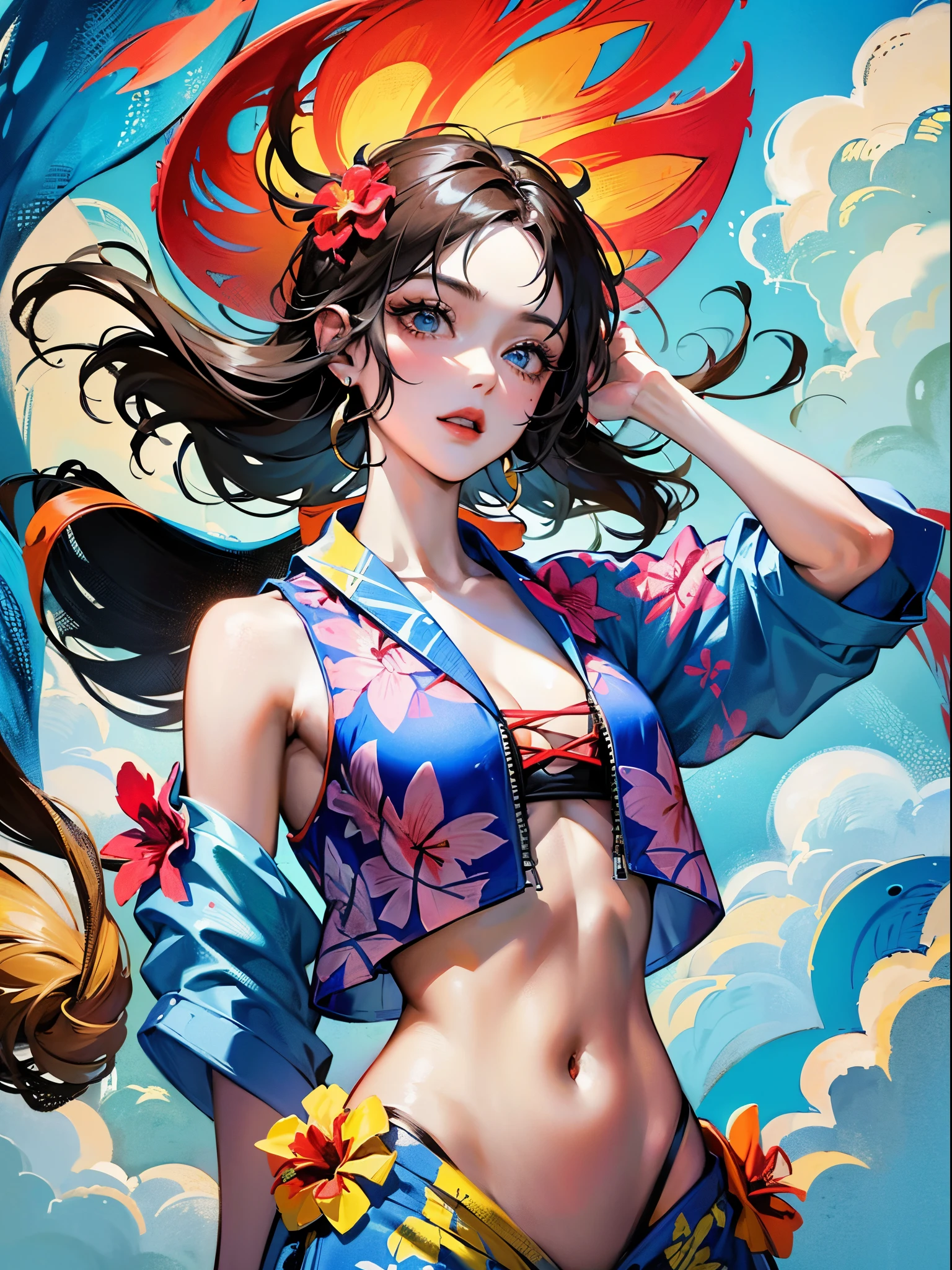 (Finest quality)),(超A high resolution),(ultra-detailliert),(Meticulous portrayal),((best pictures)),(Finest works of art),Ultra-Precision Art,The art of astounding depiction, Fantasyart:1.5, (1womanl:1.7),Beautiful and well-groomed face:1.5,(nudde:1.5),(crop top aloha shirt:1.6), blue-sky:1.8,suns:1.5,A beach where the wind blows through:1.5
