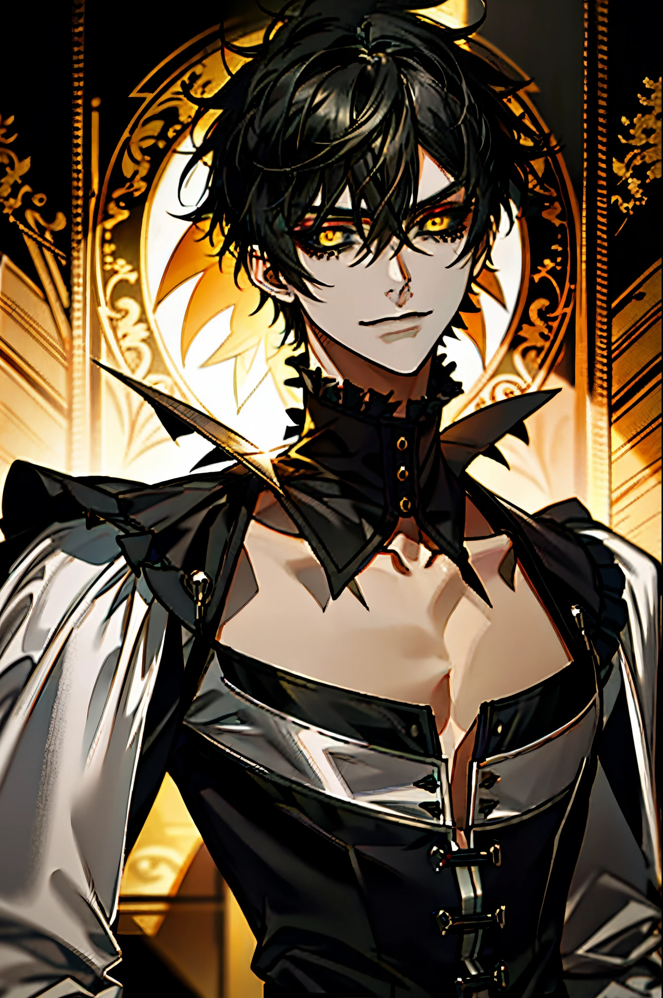 Masterpiece, best quality, high quality, ultra detailed, 1boy, black sclera, closed mouth, collarbone, colored sclera, gothic outfit, looking at the viewer, male focus, short hair, smirk, solo, spiked hair, black hair, upper body, yellow eyes