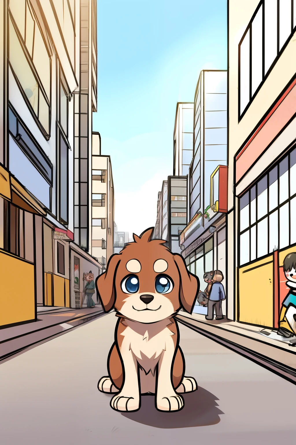 in a crowded city，There is a puppy playing in the park。The puppy&#39;s eyes are full of curiosity about the world around him