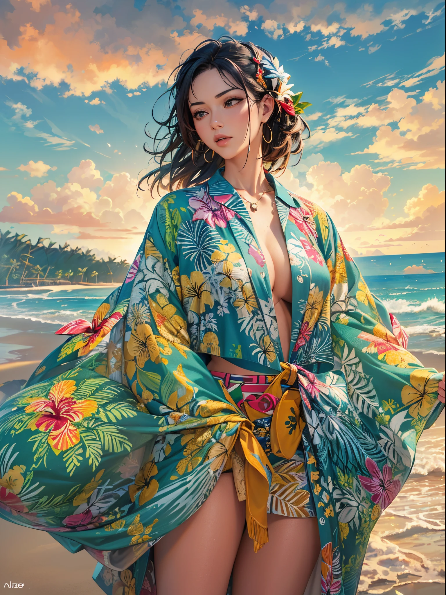 (Finest quality)),(超A high resolution),(ultra-detailliert),(Meticulous portrayal),((best pictures)),(Finest works of art),Ultra-Precision Art,The art of astounding depiction, Fantasyart:1.5, (1womanl:1.7),Beautiful and well-groomed face:1.5,(nudde:1.5),(crop top aloha shirt:1.6), blue-sky:1.8,suns:1.5,A beach where the wind blows through:1.5