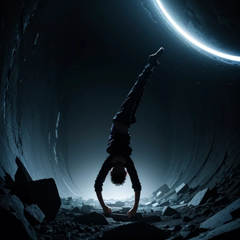 Boy falling into the void of total darkness