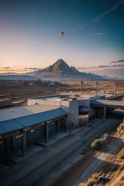 (Science fiction, Planet Medlana, Luxor solar system, 2375, efficient space tracking station for objects in the solar system and beyond) Mountain plateau, clear starry sky, sunset, 120 radio radar dishes are located throughout the plateau, in the middle of the plateau, an observation village building, military guard barracks, at the foot of the mountain range hangars and a cosmodrome for transport and space fighters, the entire territory a space observation station and a cosmodrome, surrounded by a high fence made of metal mesh and barbed wire, on both sides of the plateau there is a tunnel for railway monorails, in the southern part of the plateau in the middle there is a station for monorails of the railway, near the station there is a parking lot, a small village of two-story residential buildings, from the parking lot The road leading to the building leads to a space observation station.