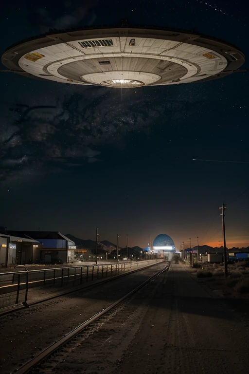 (Science fiction, Planet Medlana, Luxor solar system, 2375, efficient space tracking station for objects in the solar system and beyond) Mountain plateau, clear starry sky, sunset, 120 radio radar dishes are located throughout the plateau, in the middle of the plateau, an observation village building, military guard barracks, at the foot of the mountain range hangars and a cosmodrome for transport and space fighters, the entire territory a space observation station and a cosmodrome, surrounded by a high fence made of metal mesh and barbed wire, on both sides of the plateau there is a tunnel for railway monorails, in the southern part of the plateau in the middle there is a station for monorails of the railway, near the station there is a parking lot, a small village of two-story residential buildings, from the parking lot The road leading to the building leads to a space observation station.