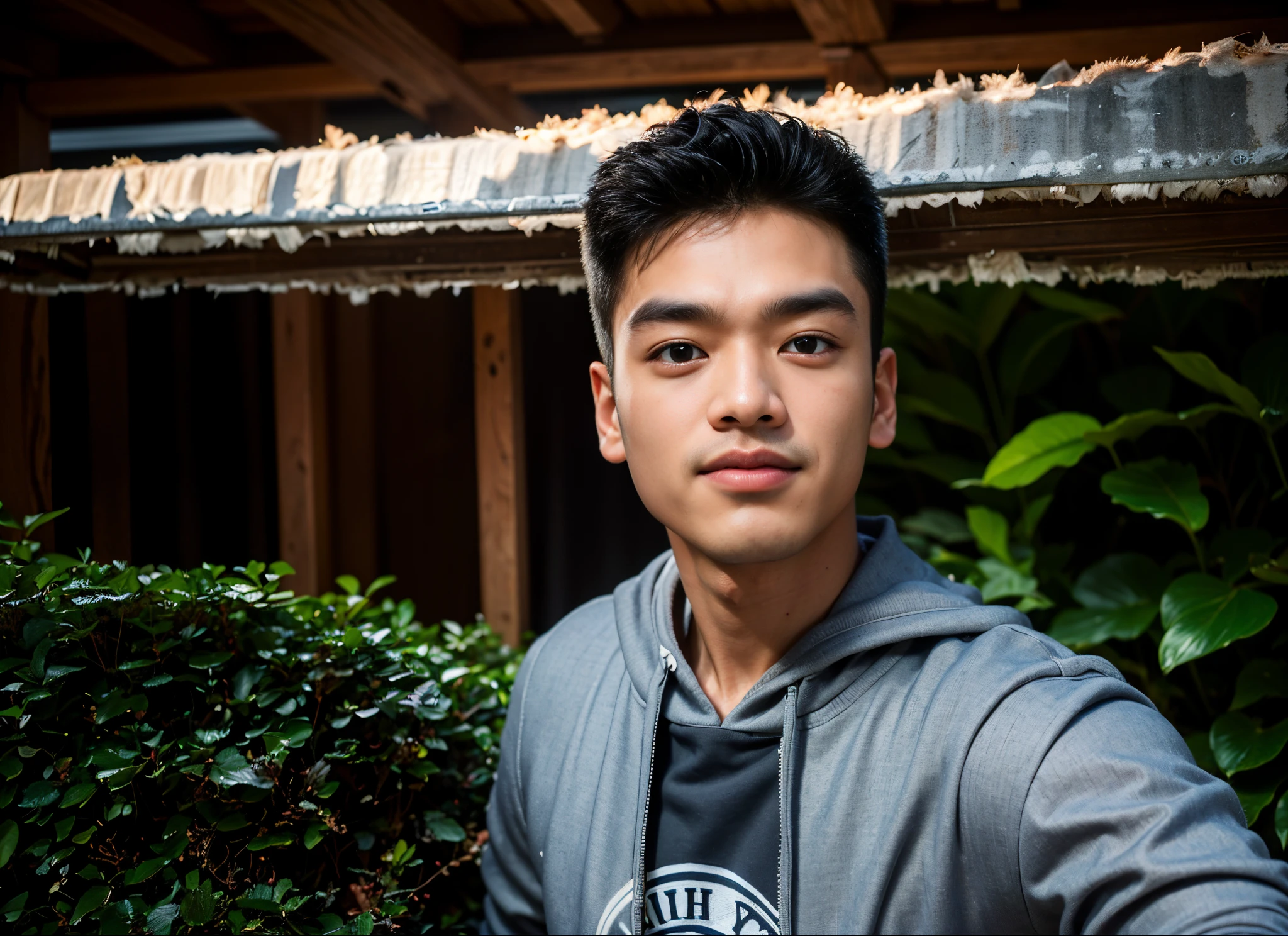 masterpiece, bestquality, High Quality, extremely detailed cg unity 8k wallpaper, Depth of Field, HDR,,photorealistic portrait,Very detailed, 1 man, asian, Short black hair (wearing a gray suit), Pectoral muscles, Big arm muscles, blood vessel, Big muscles, Wide shoulders, looking at the audience, balance eyes, (eye contact)