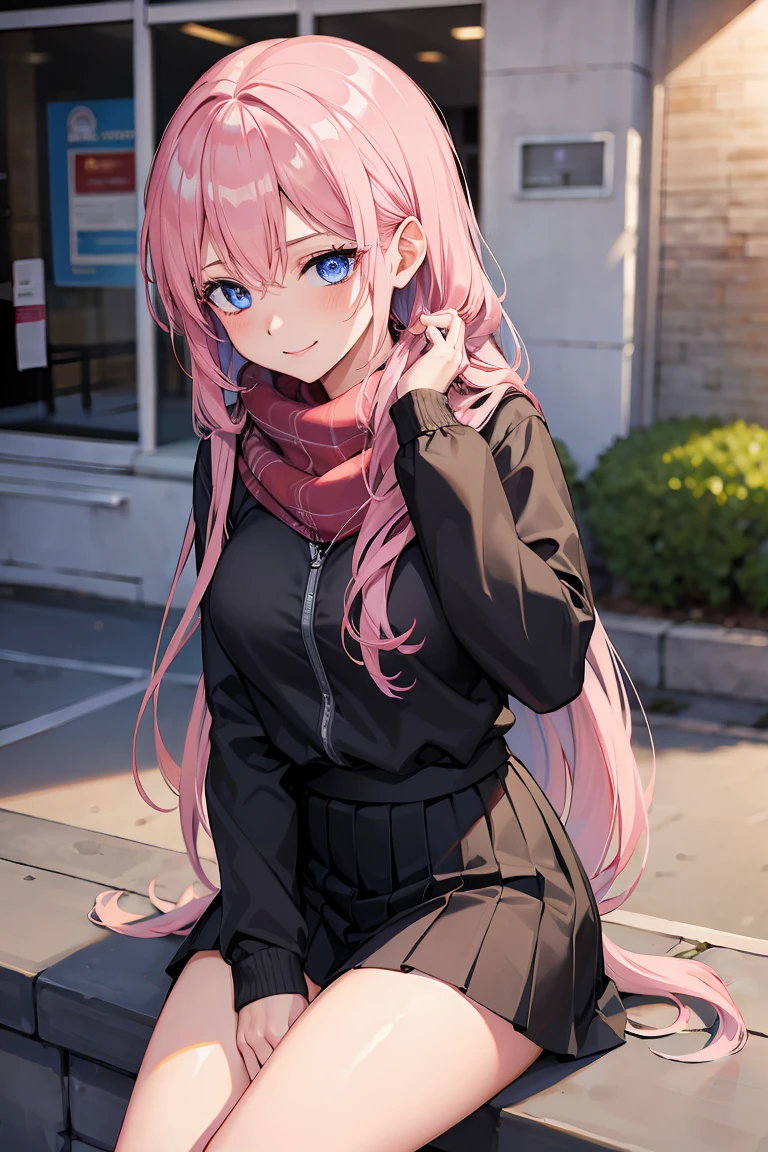 miyakoshikimori, miyako shikimori, long hair, blue eyes, hair between eyes, pink hair,(thighs), BREAK scarf,jacket,pleated skirt,black skirt, BREAK cowboy shot,smile,blush,sitting BREAK outdoor,city,street,sitting,BREAK (masterpiece:1.2), best quality, high resolution, unity 8k wallpaper, (illustration:0.8), (beautiful detailed eyes:1.6), extremely detailed face, perfect lighting, extremely detailed CG, (perfect hands, perfect anatomy),1girl, pink hair, long hair, blue eyes, hair between eyes, bangs