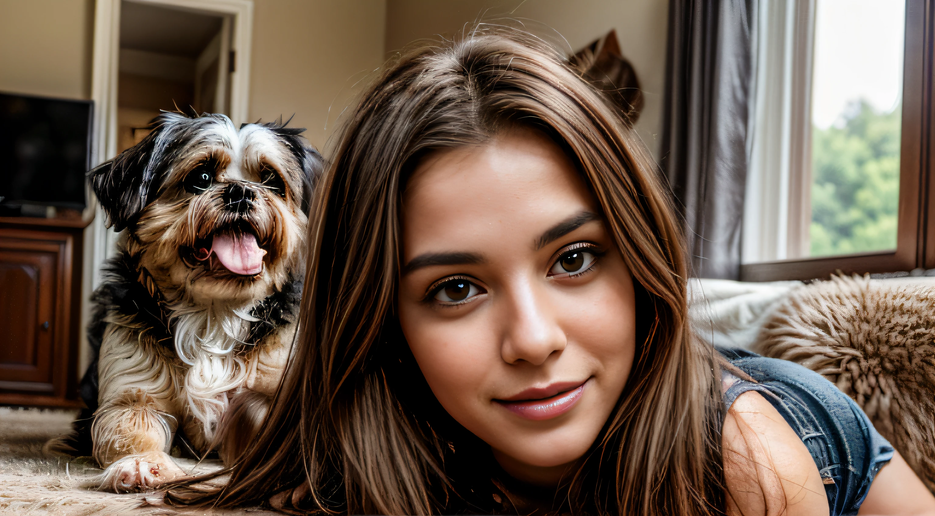 Photograph of a beautiful girl in her home playing with dog, shih tzu dog, happy, fun, goofy, zoomed out shot, long brown hair, symmetrical face, photorealistic, photography, Phone camera, natural lighting, High resolution, Extremely detailed, realistic lighting, natural light, visage naturel, Influencer, Low fidelity, imperfect, textured dog hair