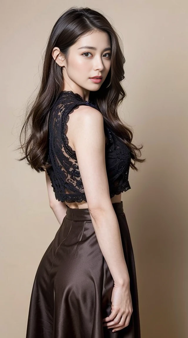 dark brown hair、Light brown eyes、The face of the Japan actress、adult lady、The face is about 40 years old.、(intricate-detail:1.2)、(top-quality:1.4)、 (超A high resolution:1.2)、超A high resolution、(A detailed eye)、(detailed facial features)、nffsw、8K resolution、moderately sized udder、Christmas Costumes、Ass facing me、i am wearing a long skirt.、length hair、