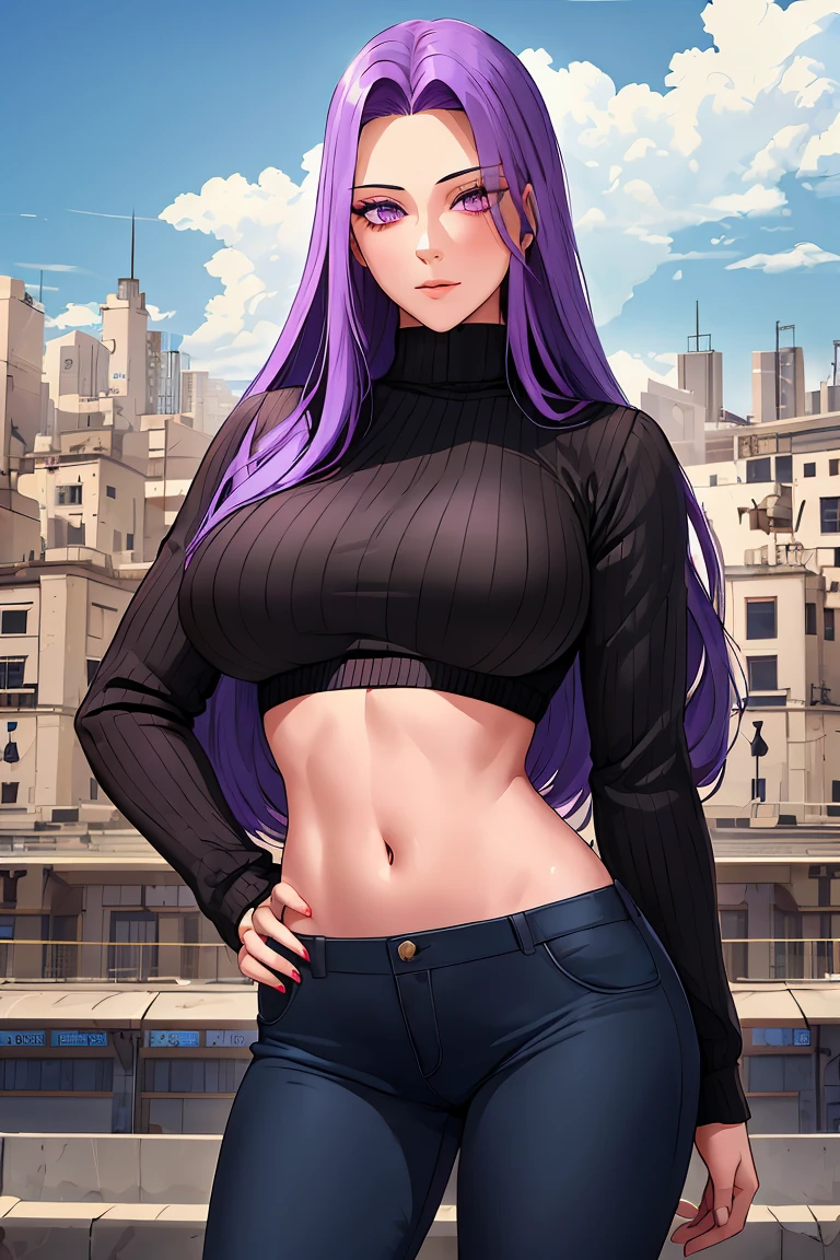 (sexy-style), ((detailed hair, detailed eyelashes, bangs)),
manhwa-scenery, 1girl, black sweater, blue sky, blush, breasts, cloud, contrapposto, cowboy shot, crop top, day, fingernails, forehead,  hand on own hip, large breasts, long hair, long sleeves, looking at viewer, midriff, navel, outdoors, pants, purple eyes, purple hair, ribbed sweater, sky, solo, sweater, turtleneck sweater, very long hair, medusa fate, ((perfect face)), (Mature Face:1.4), (beautiful face:1.15), detailed eyes, very deep eyes, messy hair, detailed finger, 
(masterpiece), (highest quality), best quality, highres, 8K, extremely detailed, Digital Art, (Hyper-Detailed Background:1.2), (realistic background),  (intricate details), award-winning, hyper-detailed, (illustration:1.1), 
(cinematic lighting), soft lighting,