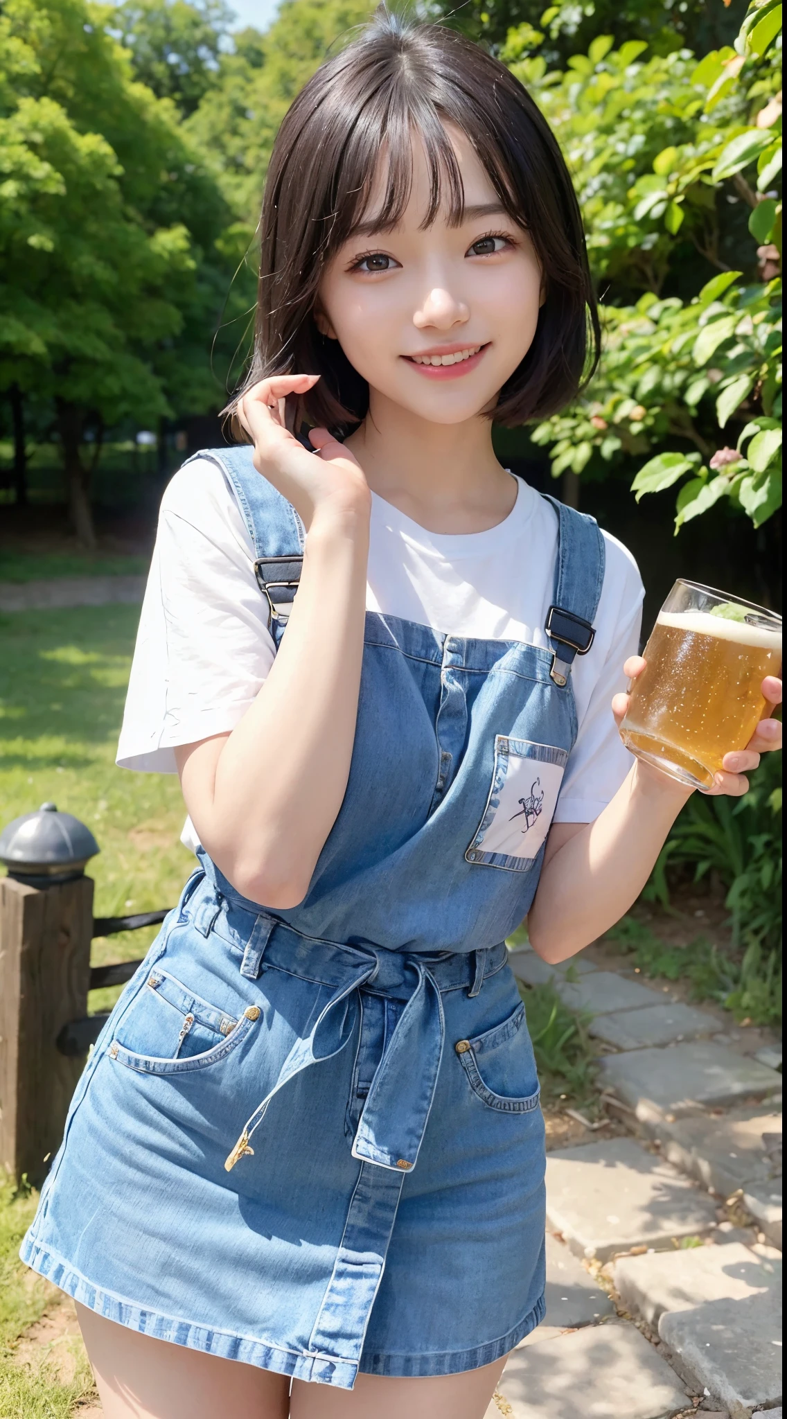 A happy smile looking at this、Under the Autumn Sky、dressed casually、Holding a beer mug in his right hand、cute little、8th class、、Leaning forward、Lori、、bob cuts、Cute girl in her teens、AKB48 Team TP、AKB48 、(​masterpiece、best qualtiy:1.2)、超A high resolution、(Photorealsitic:1.4)、Detailed skin、lighting like a movie、Friendly、Intelligent、Get carried away by the conversation、happiness、cordial、Energetic and、Cheerful and、Be creative、Glittering eyes and infectious smile