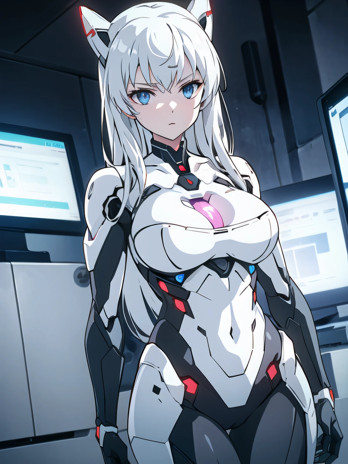 android、Artificial lifeforms、Machine body、beautiful face woman、White hair、real looking skin、cleavage of the breast、machine exterior、body suit、Sexy figure