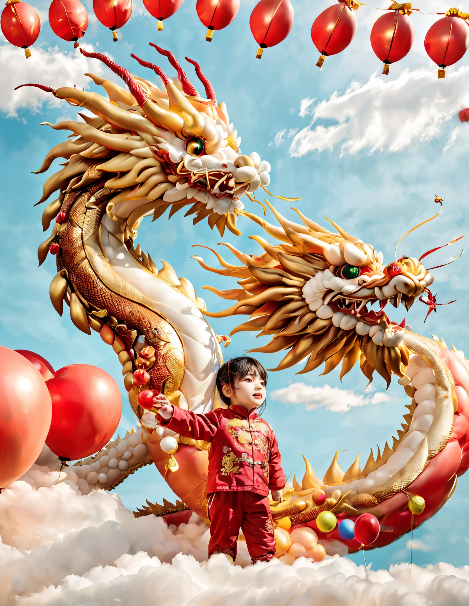 Baronzi, (Chinese dragon made from balloons, Red and gold Chinese dragon, Fly in the sky), (Chinese Spring Festival), extremely cute，Festive holidays, ((firecrackers)), (((Cute ??? holding Chinese dragon balloon)))，fundo vermelho