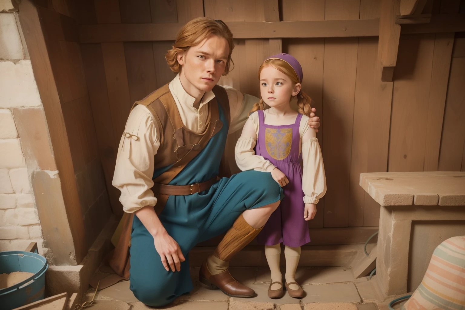 1135, England. scene with an otherworldly house construction site, 36-year-old Sam Heughan with colorful tunic, hugging a little girl, look of relief, ((((clothing from the 12th century, knee-length tunic, hose)))), ((Hairstyle of the 12th century)), ((Wes Anderson cinematic style)), colorful