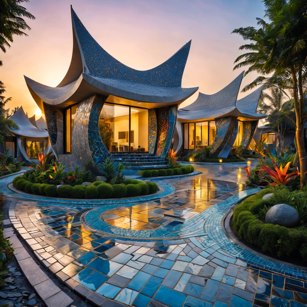 Villas,tribal style,afofuturism,Postmodern,external garden, tribal sculpture、mosaic stone road,the sunset,