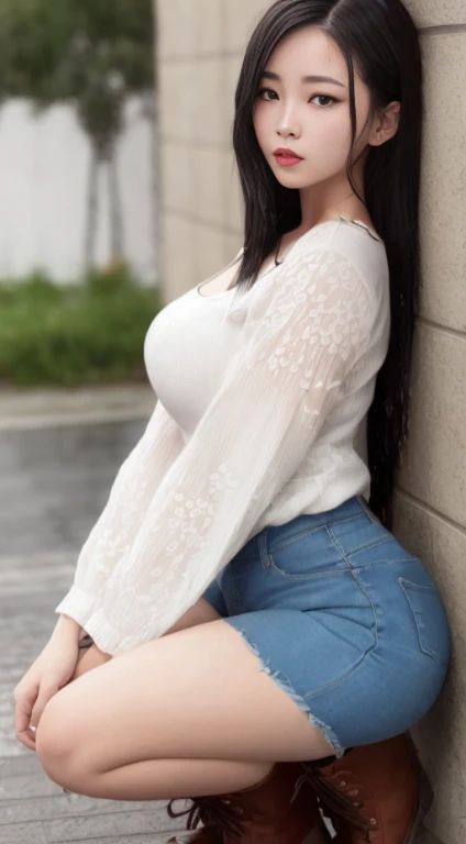 in the rain、wounds,A woman kneels on the ground.Micro obesity, It just rained, , after rainny, soaking, drenched all over the body, after rainny,, wounds,10 feet 5" Wearing a wet short shirt and low-rise blue jeans (trouser), white long boots, Lace-up boots, kneehigh boots, the breasts are large, Thigh thick, straight long hair,, Cute big breasts, Full-body image, tmasterpiece, quality,(mesmerizing quality:1.4),(Highest quality authentic textured skin), delicated face,black hair color hair, Gradient hair, body