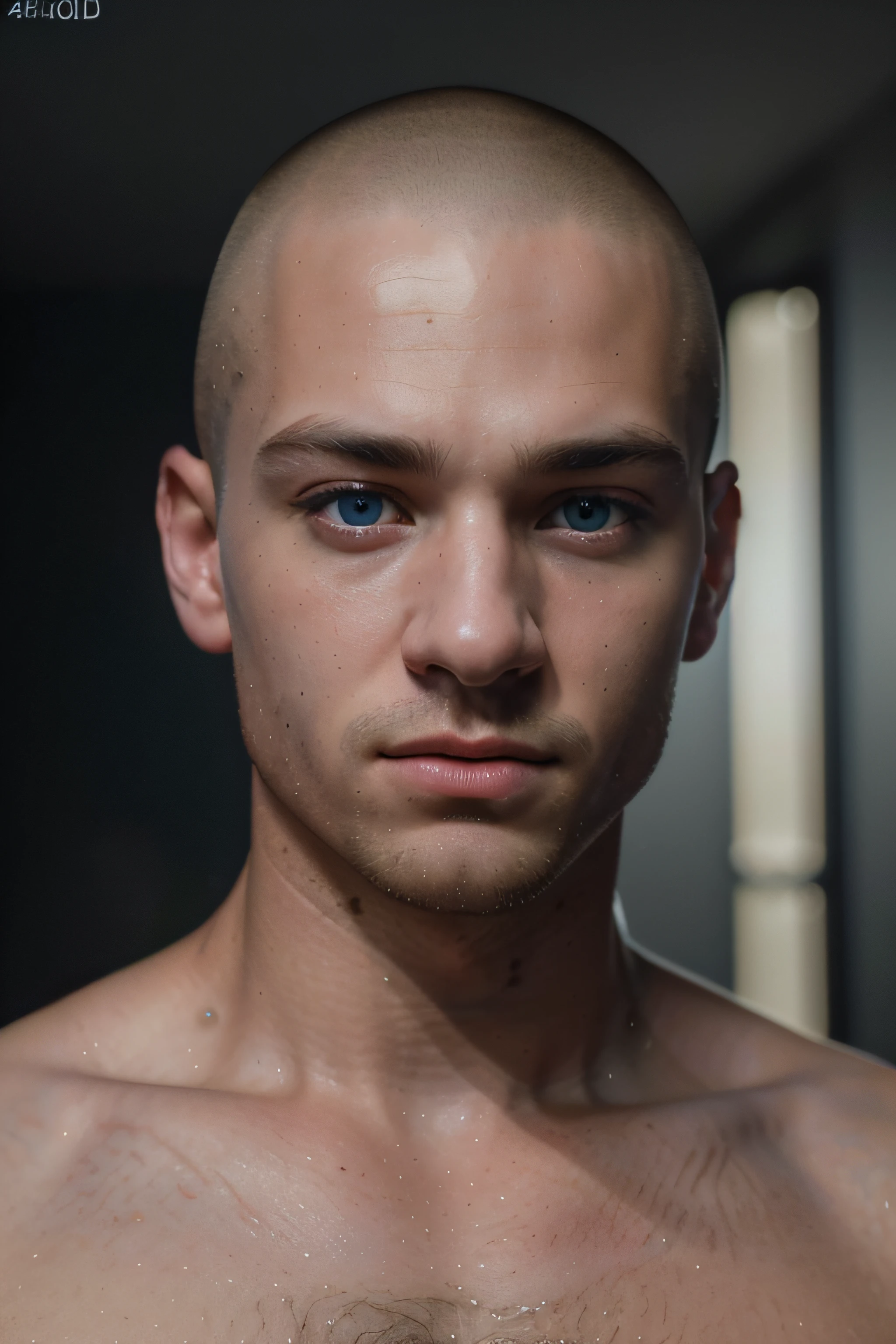 (Hdr,UHD,studio lighting,(Best quality,4K,8k,high resolucion,Masterpiece:1.2),Ultra-detailed,(Realstic,photoreallistic,photo-realistic:1.37)), mise au point nette, Vibrant colors, portrait en gros plan, shaved head, yeux bleus, Jeune homme, 18 ans, Regard enflammé, surreal, Realstic, muscler, Barbu