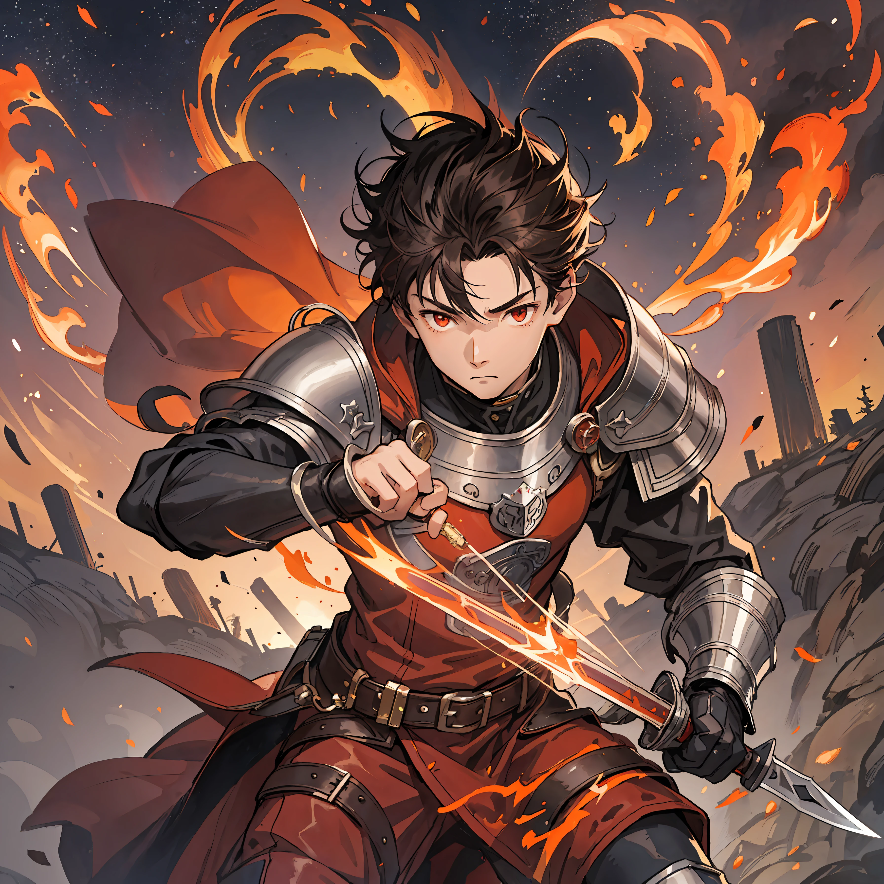 A 17-year-old teenager, 1 boy, with short brown hair, Medium short hair, eyes with brightness, No beard, without a goatee, absence of facial hair, Silver and red medieval knight armor, Red clothes, detailedbackground, Medieval samurai, schoolboy, The art of fighting, holding a medieval sword, Close-up Shot Shot, Swirling wind, lightning around characters, night complex background, The is very detailed, (sullen:1.3), fire control, Phoenix Physiology, Fire magic, fire attack, Night sky at the entrance, firelight in background, Forest burning, Bright flame with many red and orange fire particles floating, many flames floating