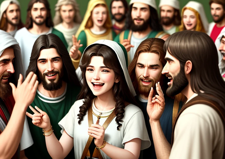 Party with many people laughing, biblical era, Jesus style clothes