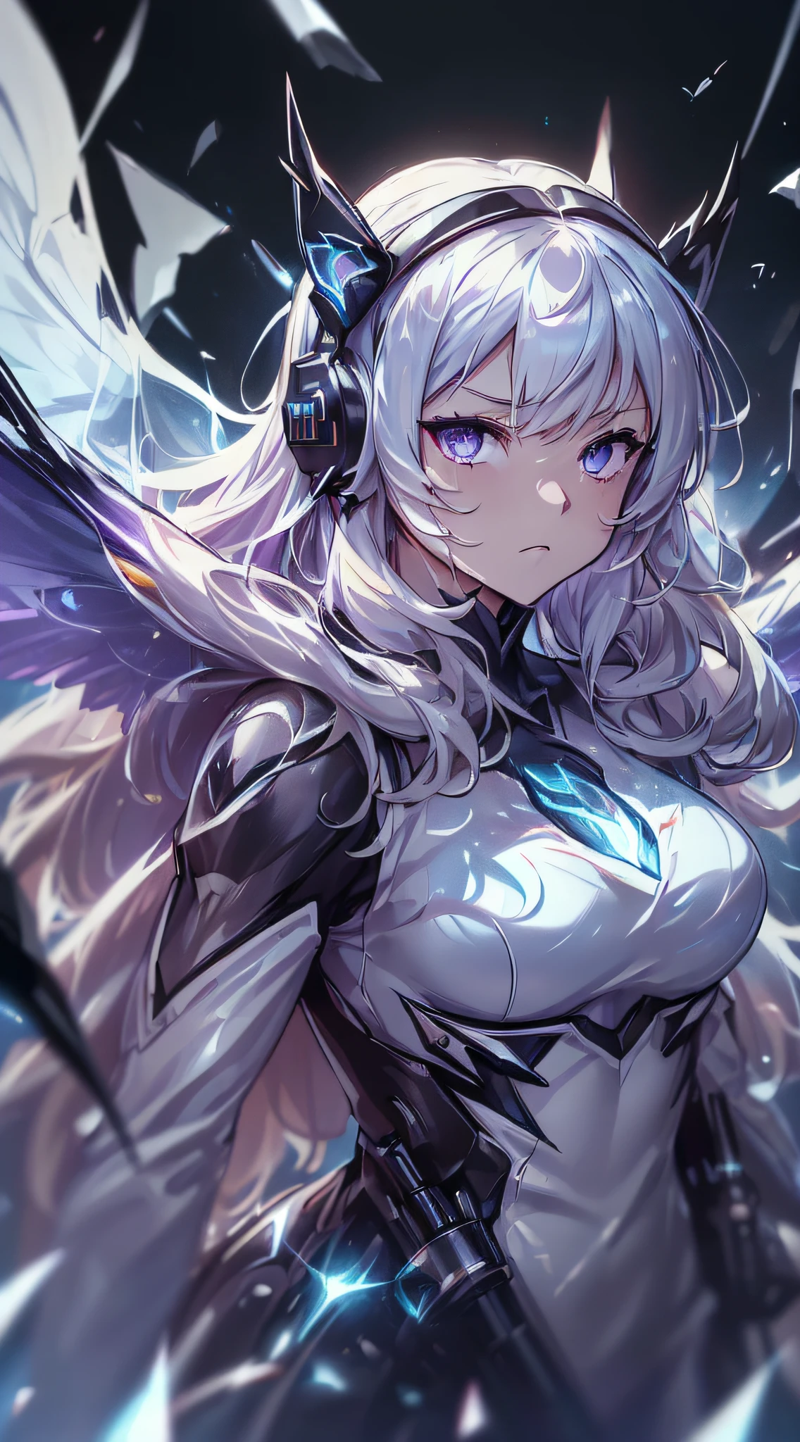 ((girl, Mecha)), Glowing eyes, Delicate face, Damaged Armor, Mechanical aura, Mechanical arm, White hair, Long hair, Ceramic body, Thigh clearance, Small breasts, Network Background, Very nice city, (translucent, Reflective Skin), 8k, best quality, Super detailed, (Surrealism: 1.4),