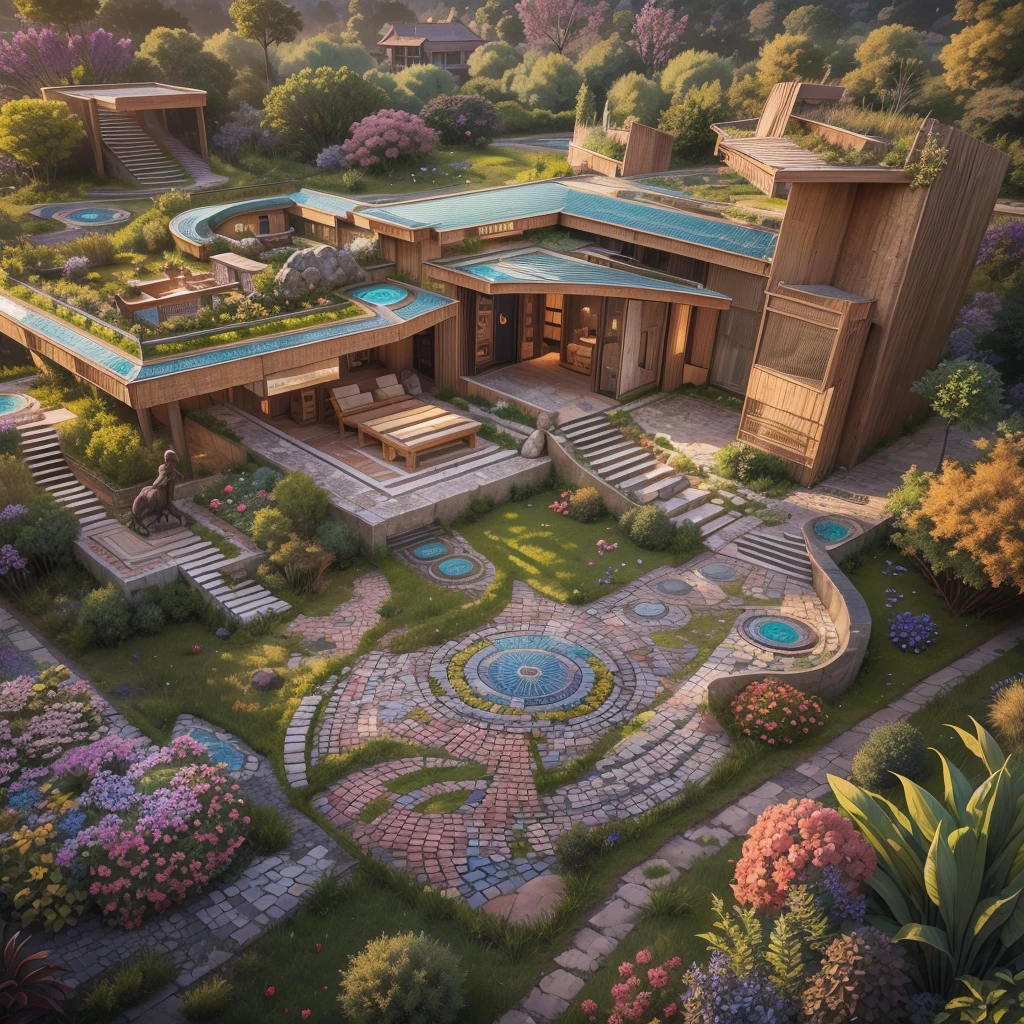A Villa,tribal style,afofuturism,Postmodern,external garden, tribal sculpture、mosaic stone road,the sunset,
